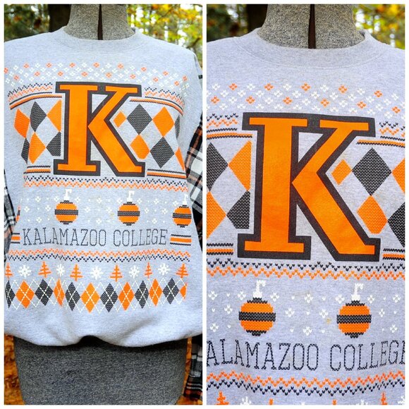 Kalamazoo College MI Reconstructed Xmas Sweatshirt Plaid Flannel Sleeves XL/2XL - Picture 7 of 9